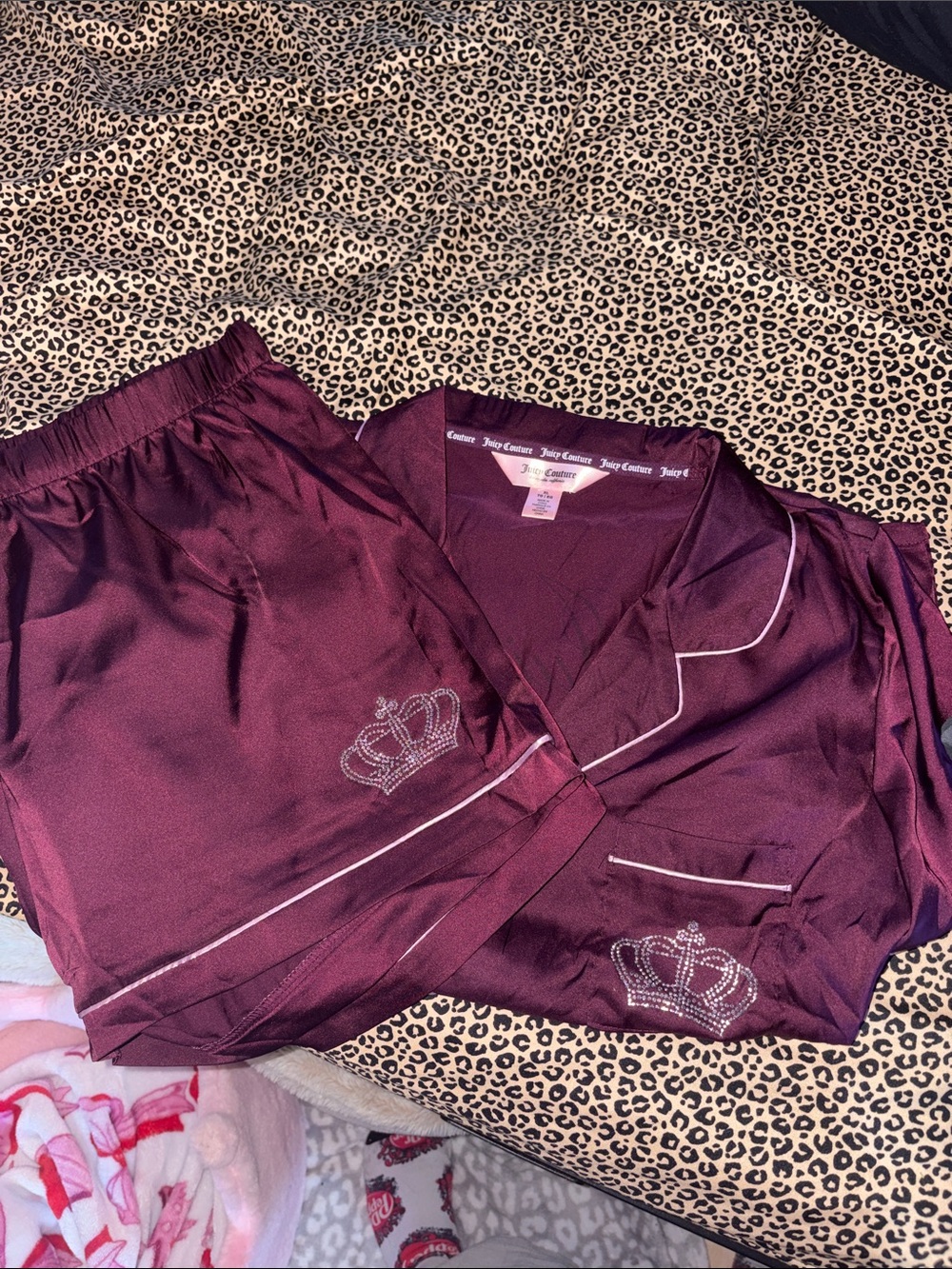 Juicy Couture Burgundy Satin Pajama Set with Crown Embroidery